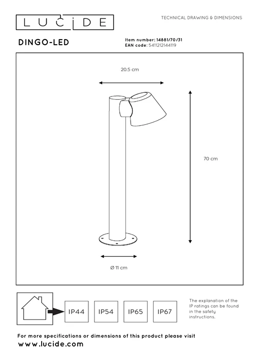 Lucide DINGO-LED - Borne extérieur - LED Dim. - GU10 - 1x5W 3000K - IP44 - Blanc - technique